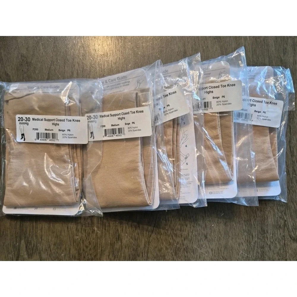 5 Ames Walker 20-30 mmHg Medical Support Closed Tie Knee Highs Lg Beige Sealed